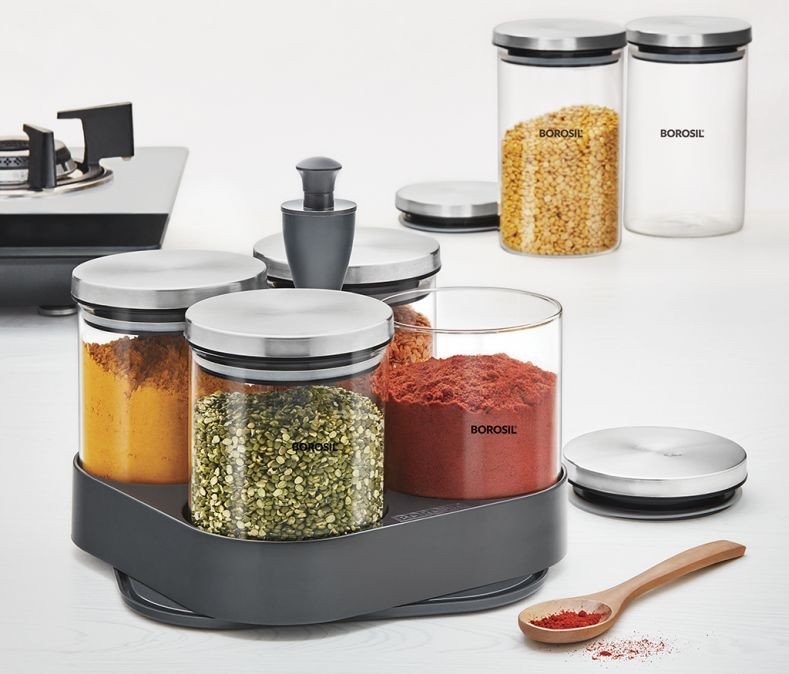 Borosil Spin-n-Store Tray with Jars Set of 4 (600 ml each)