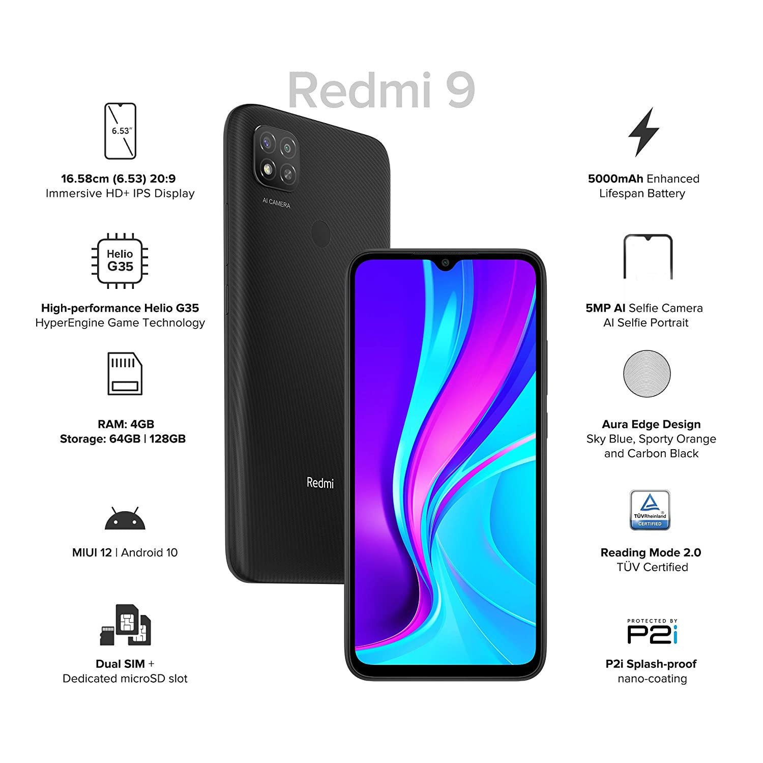 Redmi 9 (Carbon Black, 4GB RAM, 64GB Storage) | 2.3GHz Mediatek Helio G35 Octa core Processor