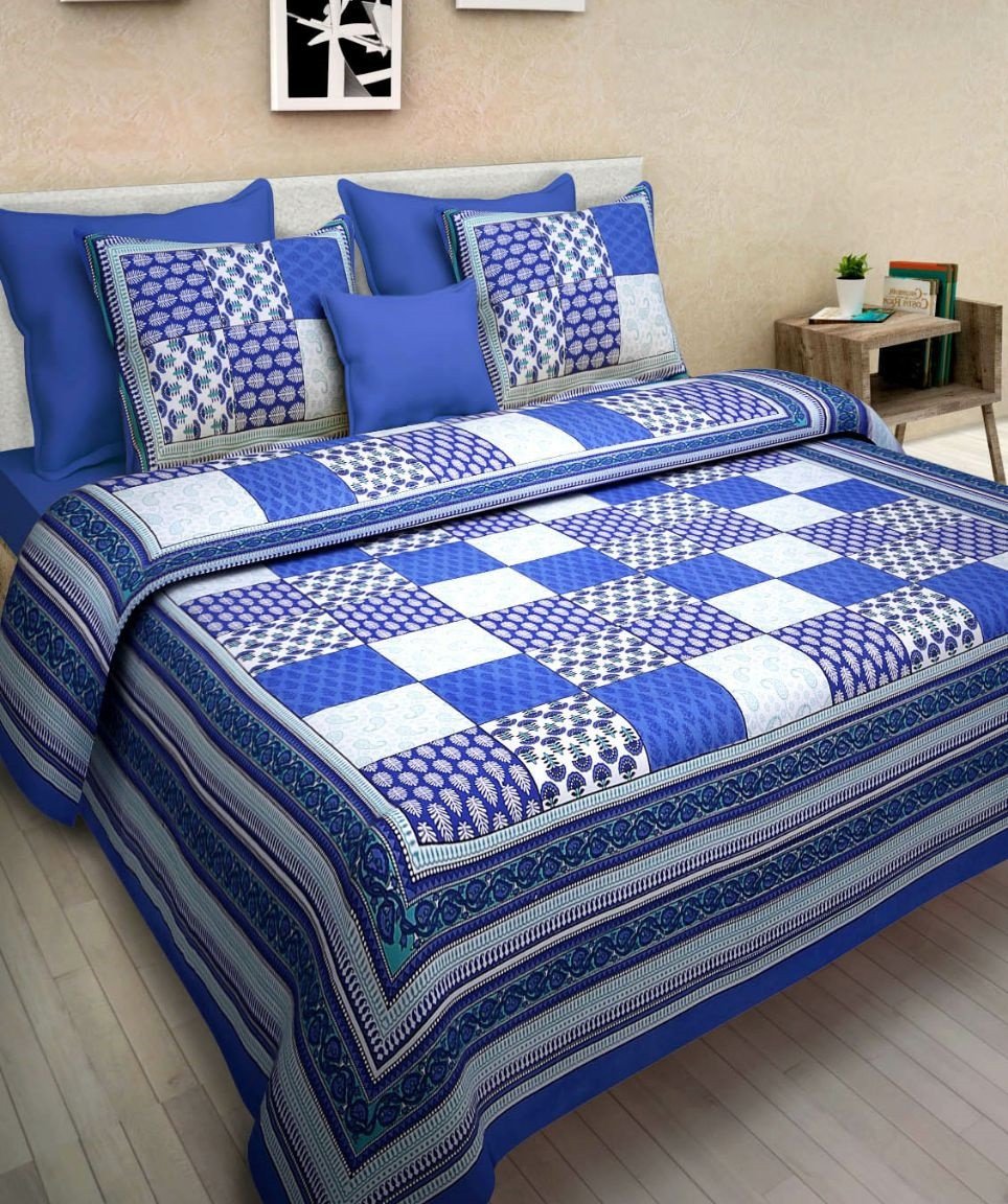 Sanganeri Mart Jaipuri Prints Cotton Bed sheet For Double Bed With Two Pillow Cover Size 85 x 95 Inch