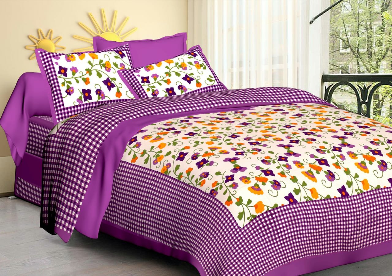 Sanganeri Mart Jaipuri Prints Cotton Bed sheet For Double Bed With Two Pillow Cover Size 85 x 95 Inch