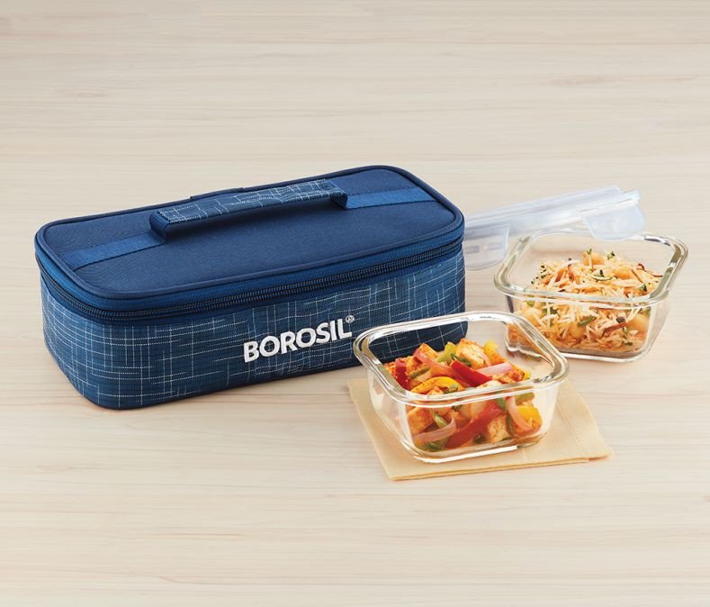 Borosil Square Microwavable Glass Lunch Box 320 ML 2 Container (D'sign Flat)