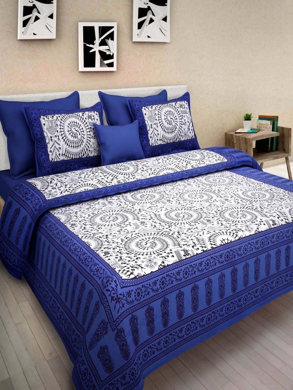 Sanganeri Mart Jaipuri Prints Cotton Bed sheet For Double Bed With Two Pillow Cover Size 85 x 95 Inch