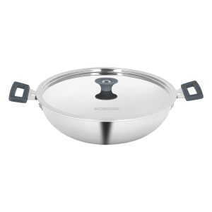 Borosil Cook Fresh Stainless Steel Tri-Ply Kadhai 2.5 L with Lid, 24 cm Dia, Induction Bottom, Silver