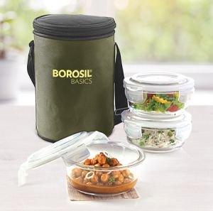 BOROSIL 3 Round Microwavable Glass Lunch Box (Basics)