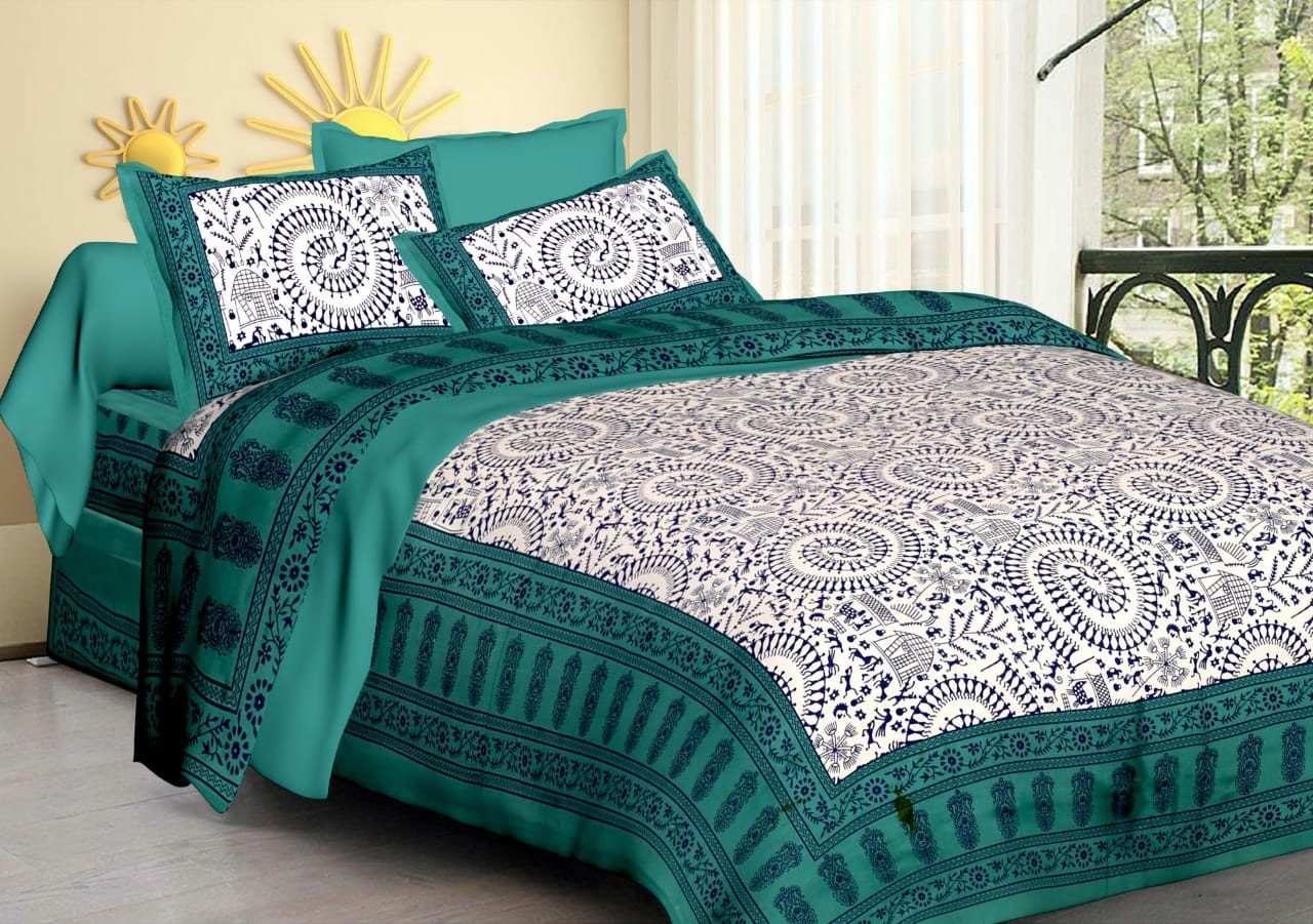 Sanganeri Mart Jaipuri Prints Cotton Bed sheet For Double Bed With Two Pillow Cover Size 85 x 95 Inch
