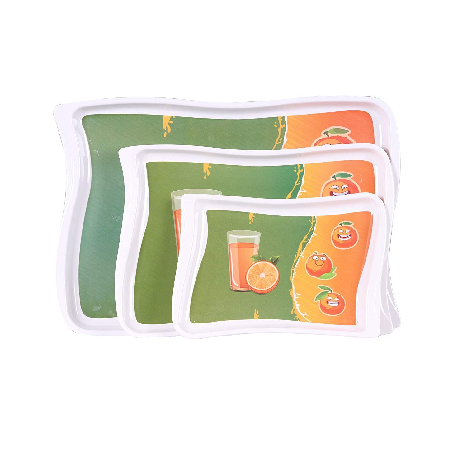 Serving Tray 3 Pcs Set, Melamine and Rectangular Shape with Printed Design (Green)