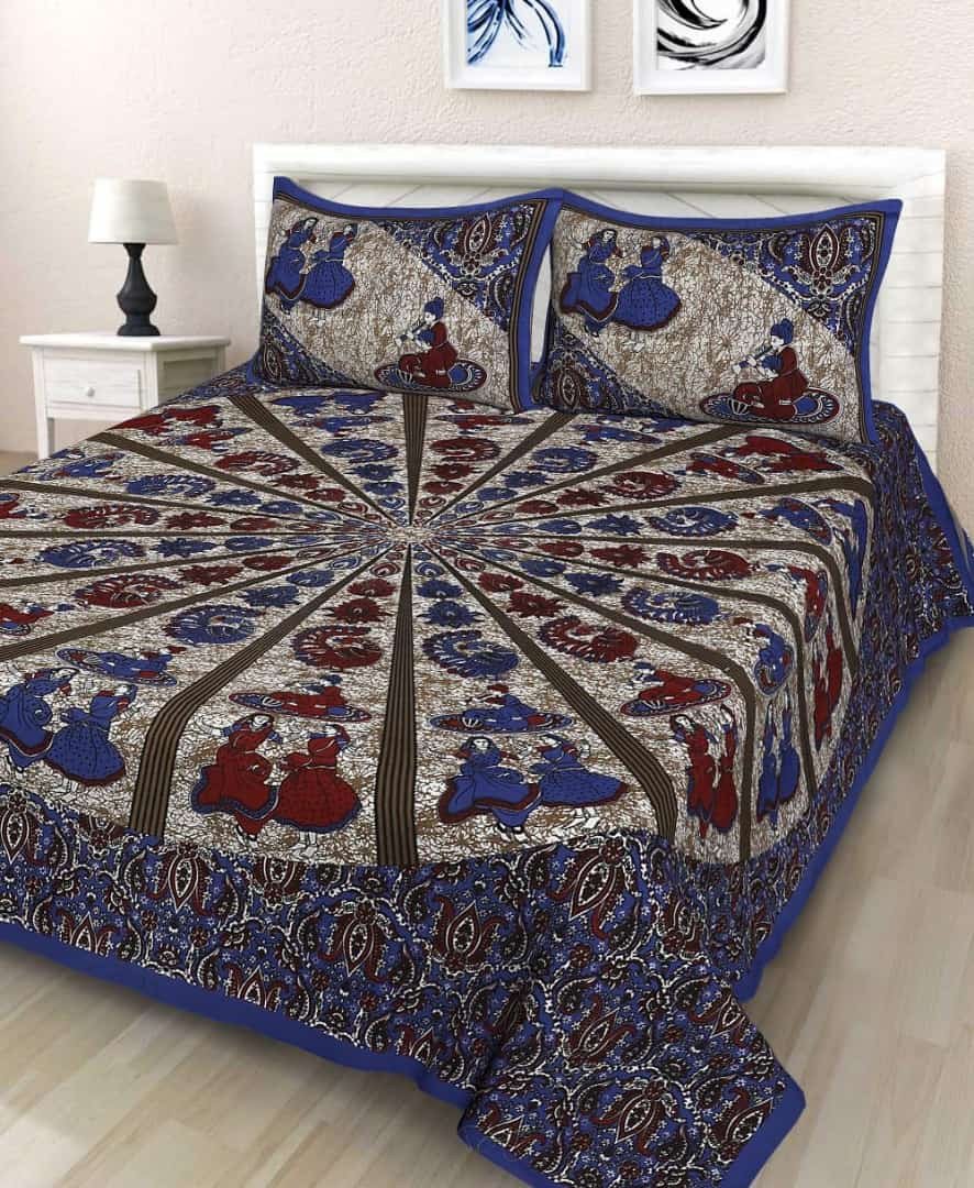 Sanganeri Mart Jaipuri Prints Cotton Bed sheet For Double Bed With Two Pillow Cover Size 85 x 95 Inch