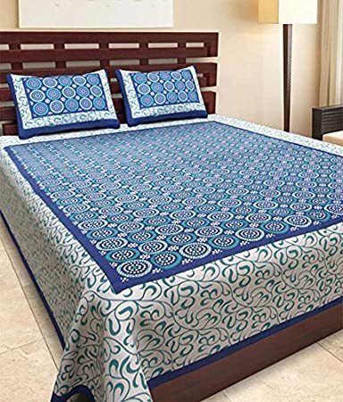 Sanganeri Mart Jaipuri Prints Cotton Bed sheet For Double Bed With Two Pillow Cover Size 85 x 95 Inch
