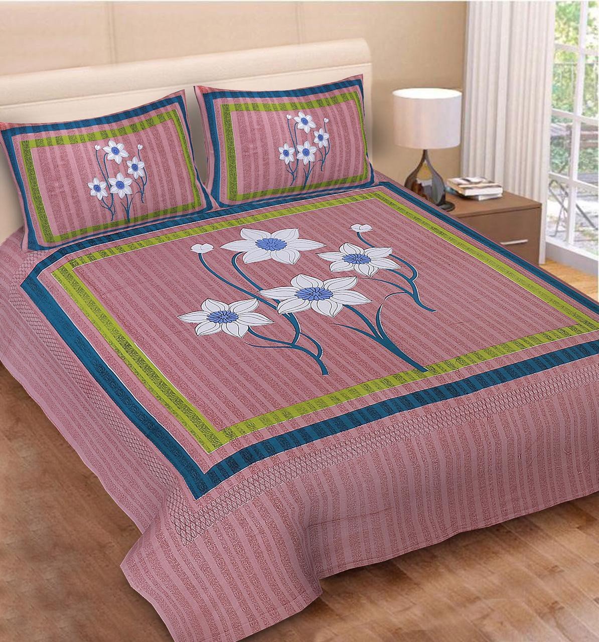 Sanganeri Mart Jaipuri Prints Cotton Bed sheet For Double Bed With Two Pillow Cover Size 85 x 95 Inch