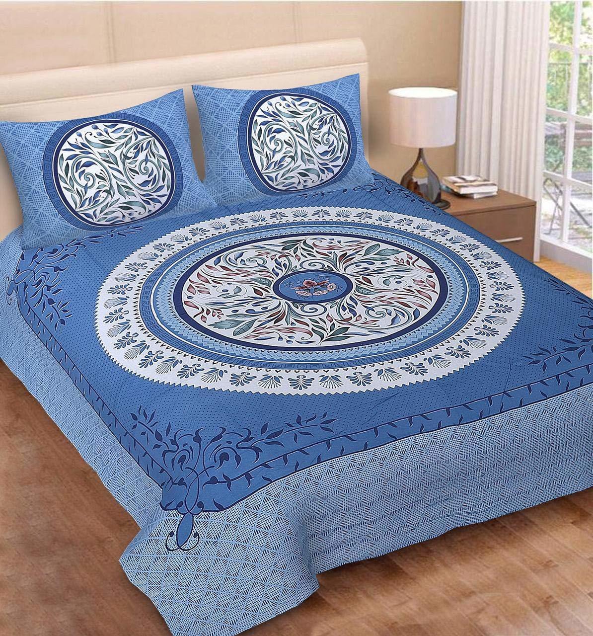 Sanganeri Mart Jaipuri Prints Cotton Bed sheet For Double Bed With Two Pillow Cover Size 85 x 95 Inch