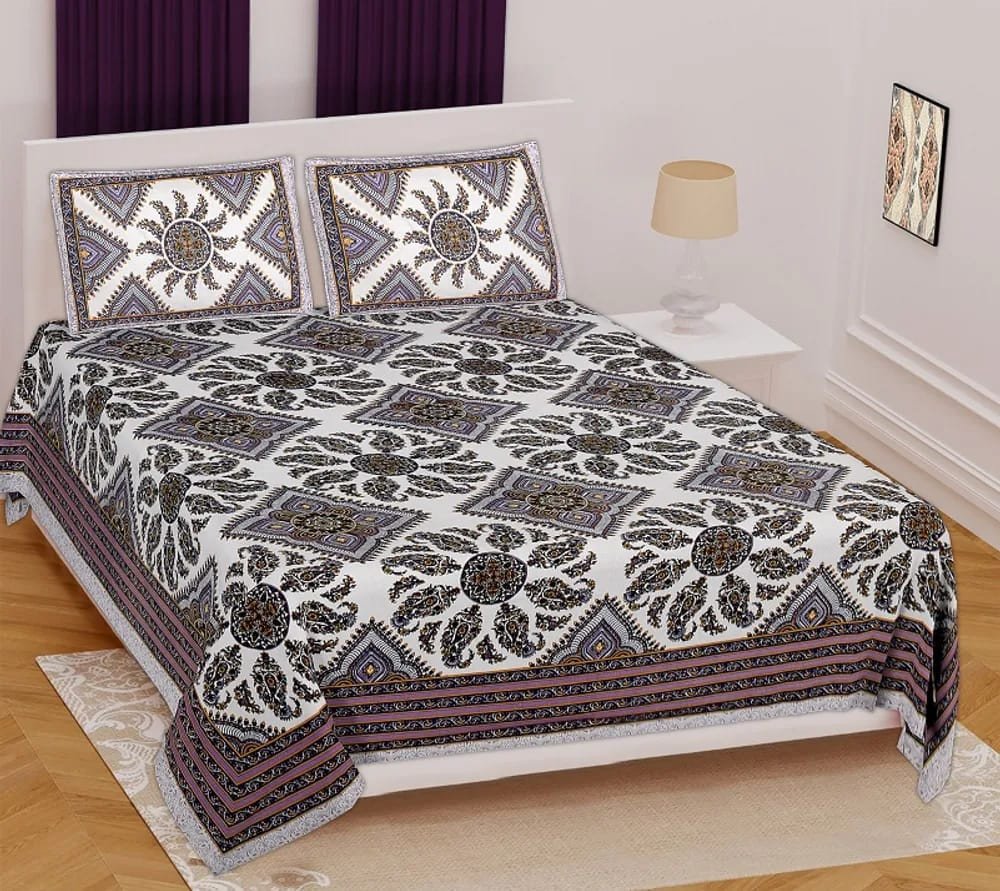 Sanganeri Mart Jaipuri Prints Cotton Bed sheet For Double Bed With Two Pillow Cover Size 85 x 95 Inch