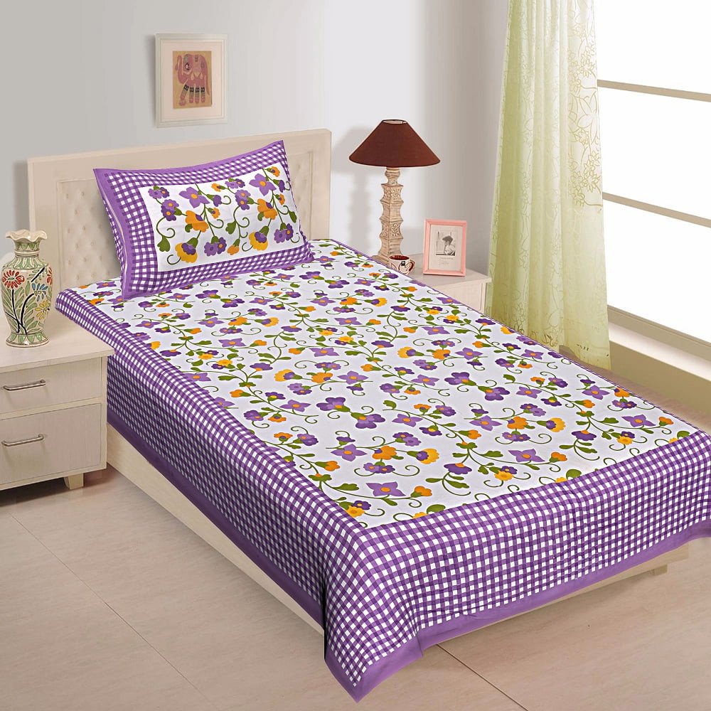 Sanganeri Mart Jaipuri Prints Cotton Bed sheet For Single Bed / Diwan Bed Sheet With One Pillow Cover Size 60 x 90 Inch