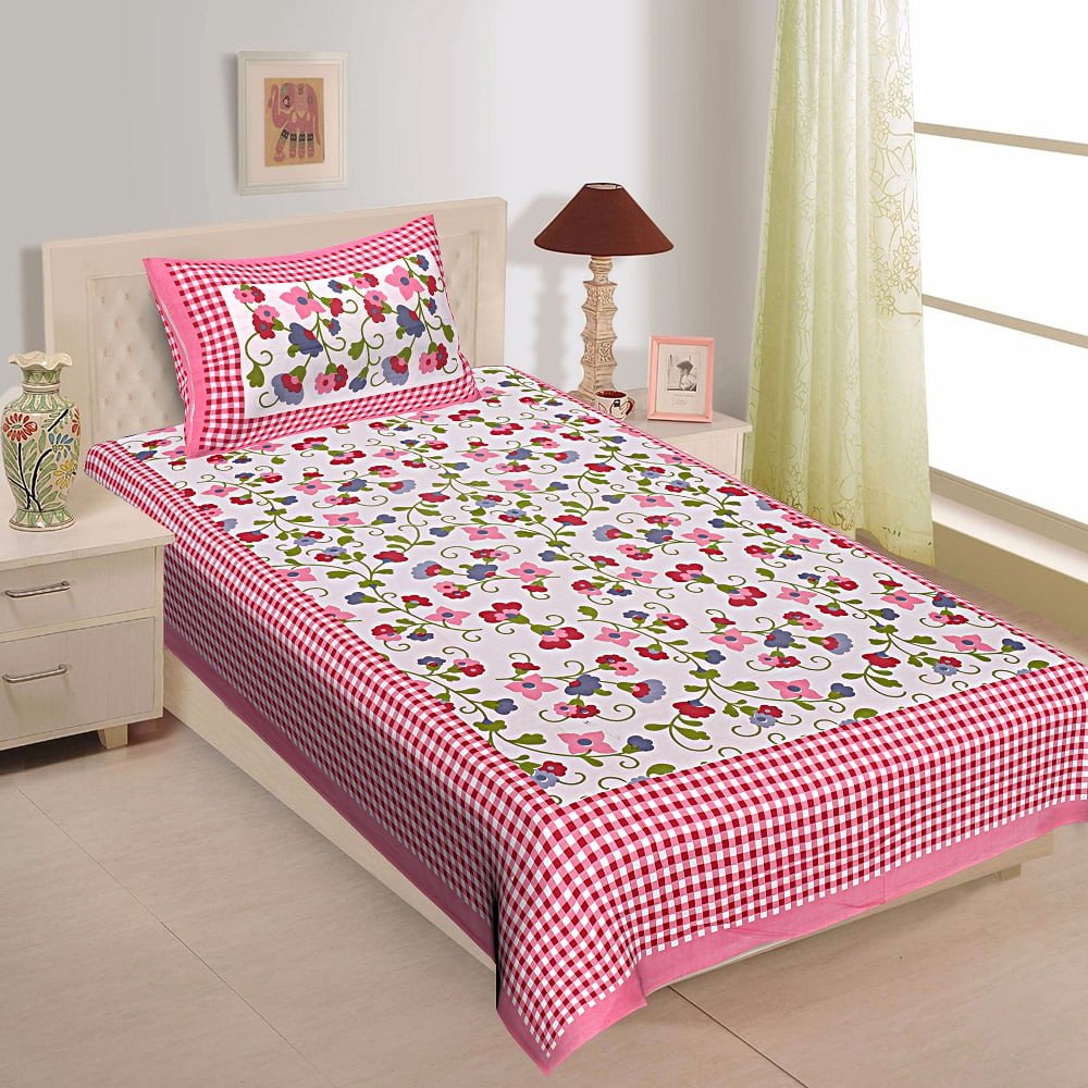 Sanganeri Mart Jaipuri Prints Cotton Bed sheet For Single Bed / Diwan Bed Sheet With One Pillow Cover Size 60 x 90 Inch