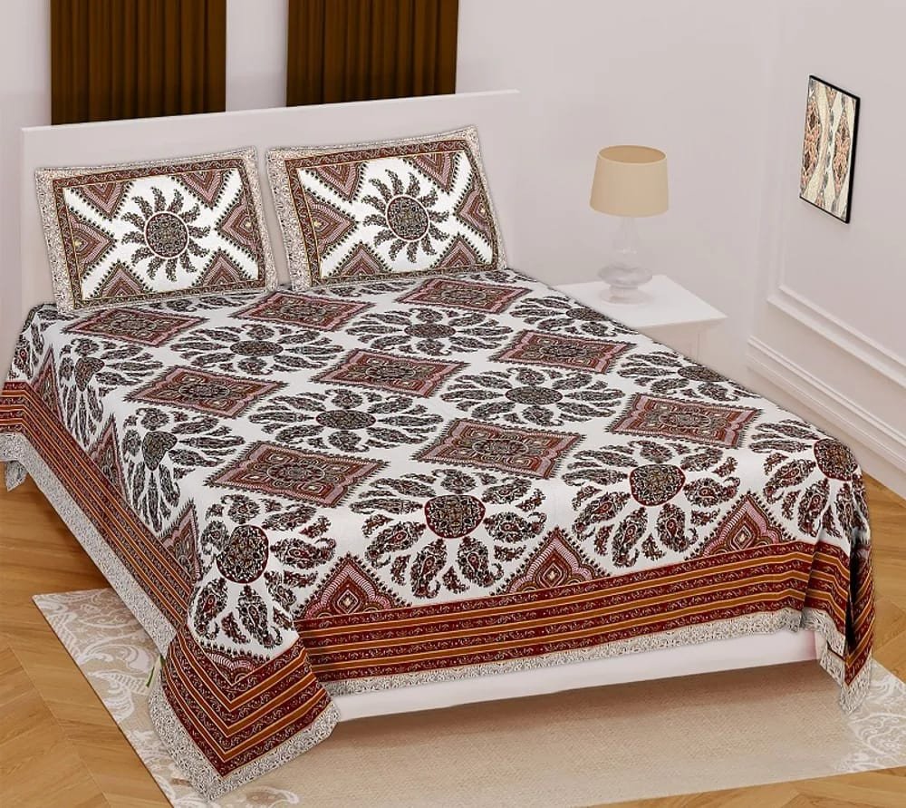 Sanganeri Mart Jaipuri Prints Cotton Bed sheet For Double Bed With Two Pillow Cover Size 85 x 95 Inch