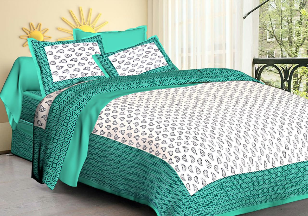 Sanganeri Mart Jaipuri Prints Cotton Bed sheet For Double Bed With Two Pillow Cover Size 85 x 95 Inch