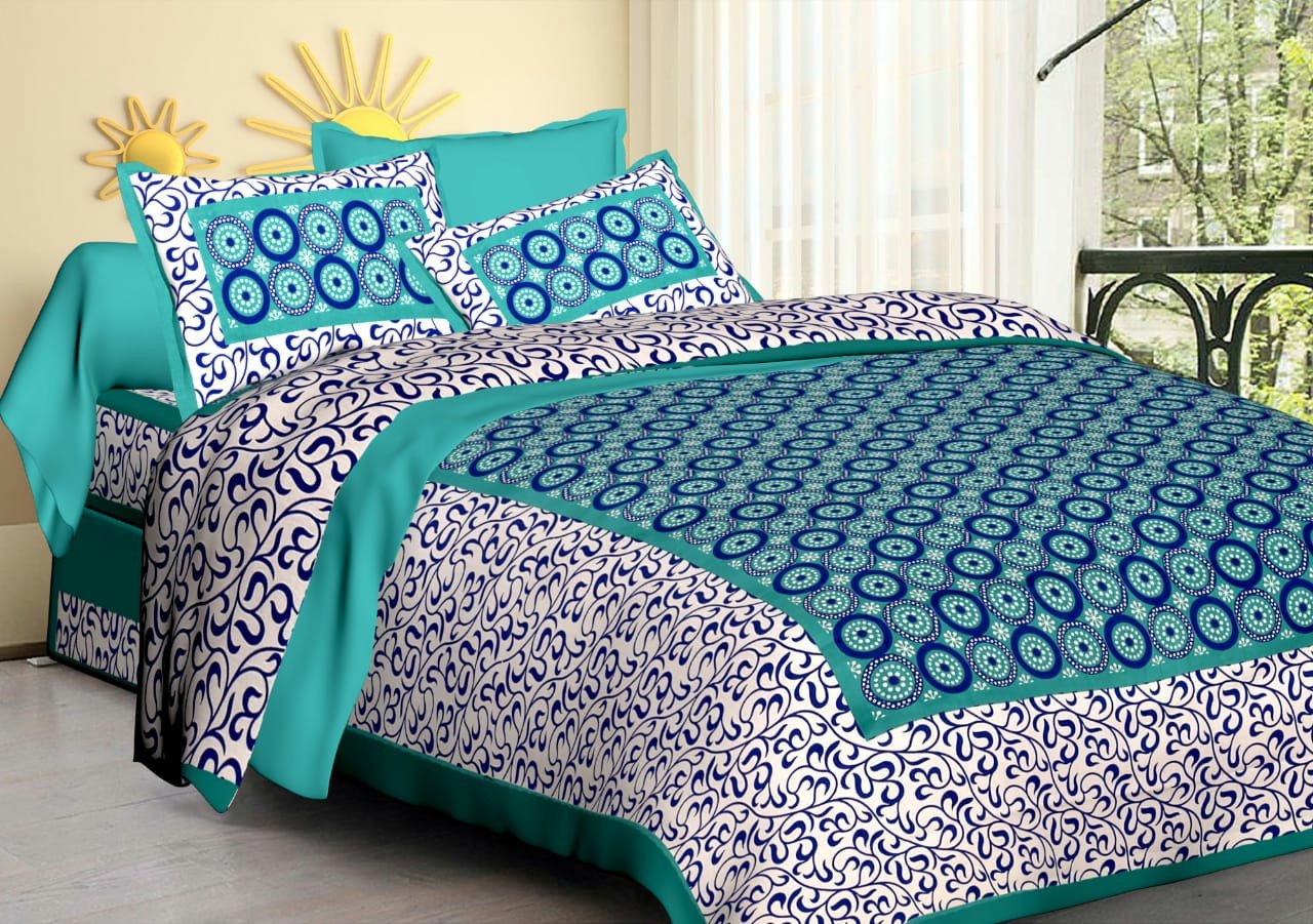 Sanganeri Mart Jaipuri Prints Cotton Bed sheet For Double Bed With Two Pillow Cover Size 85 x 95 Inch