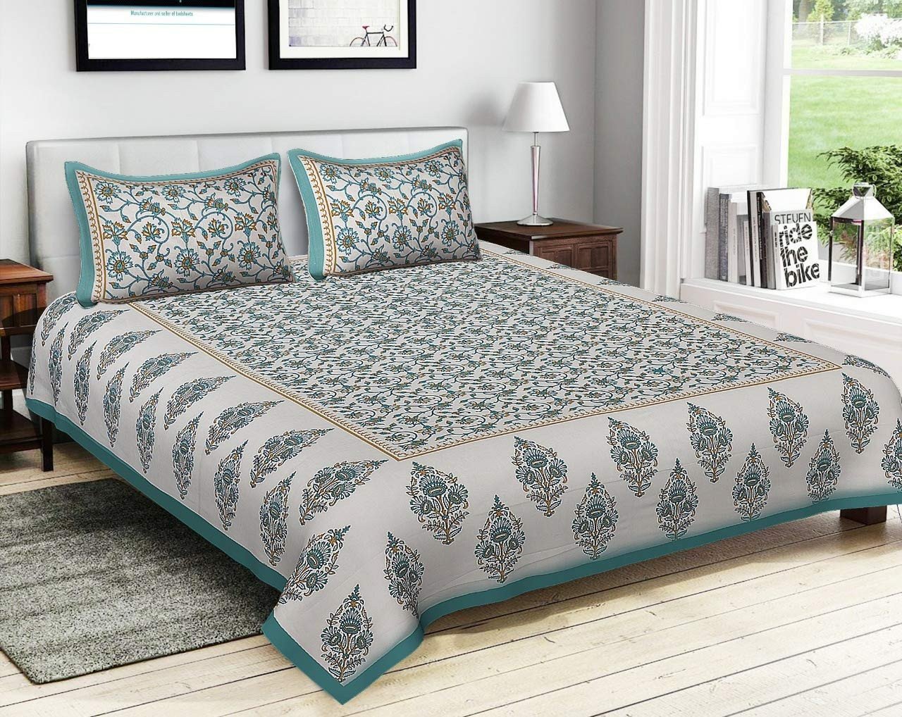 Sanganeri Mart Jaipuri Prints Cotton Bed sheet For Double Bed With Two Pillow Cover Size 85 x 95 Inch White