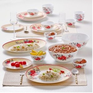 Borosil Pack of 27 Opal Glass Kohinoor Pink Sapphire Dinner Set-(Microwave Safe)