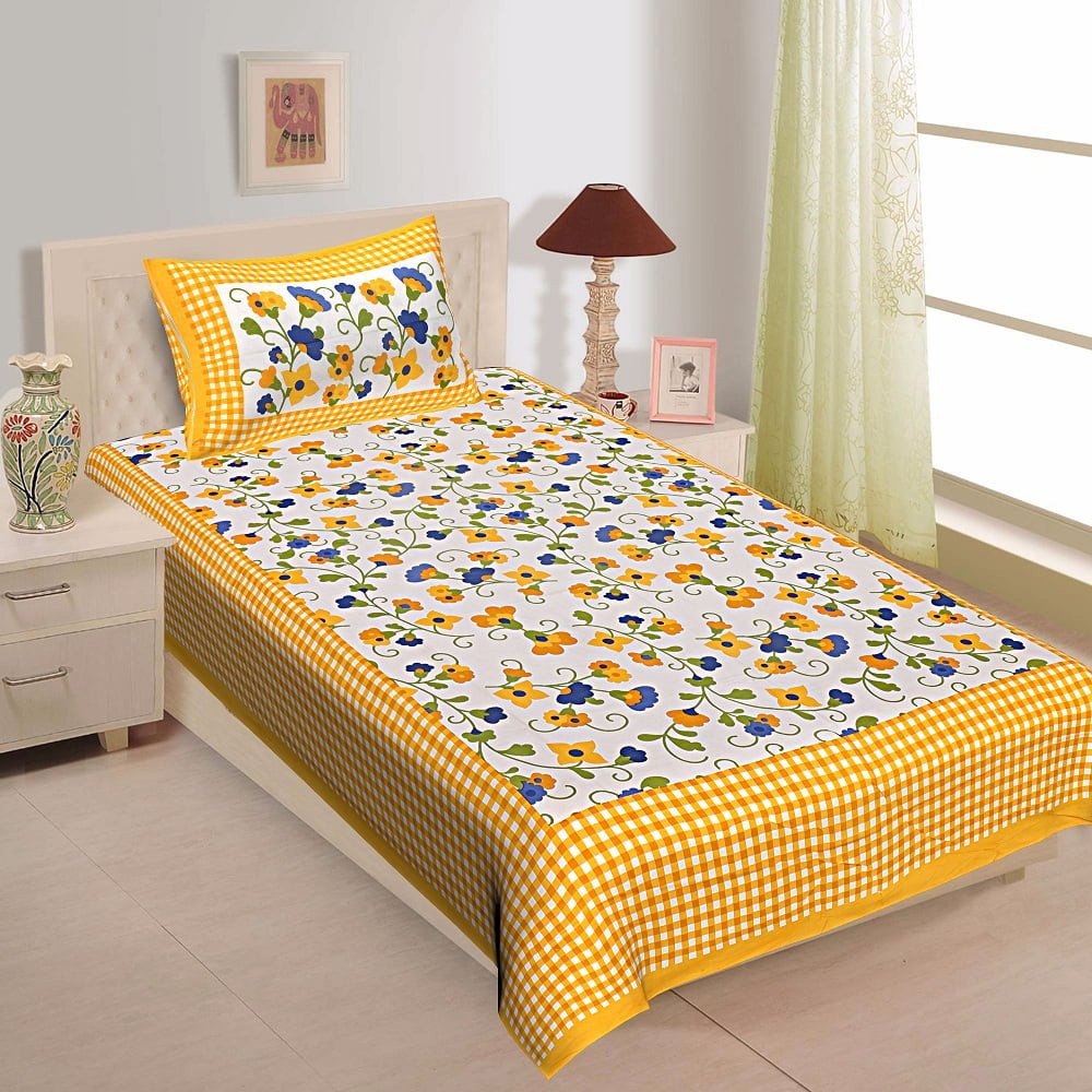 Sanganeri Mart Jaipuri Prints Cotton Bed sheet For Single Bed / Diwan Bed Sheet With One Pillow Cover Size 60 x 90 Inch