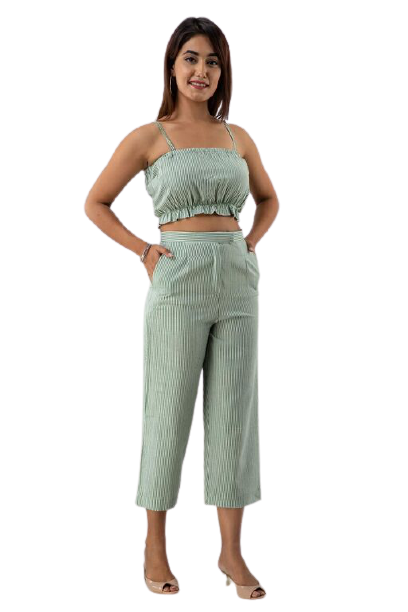 Womens Cotton Flex Striped Print Western Wear Crop Top With Pant Set (Light Green)