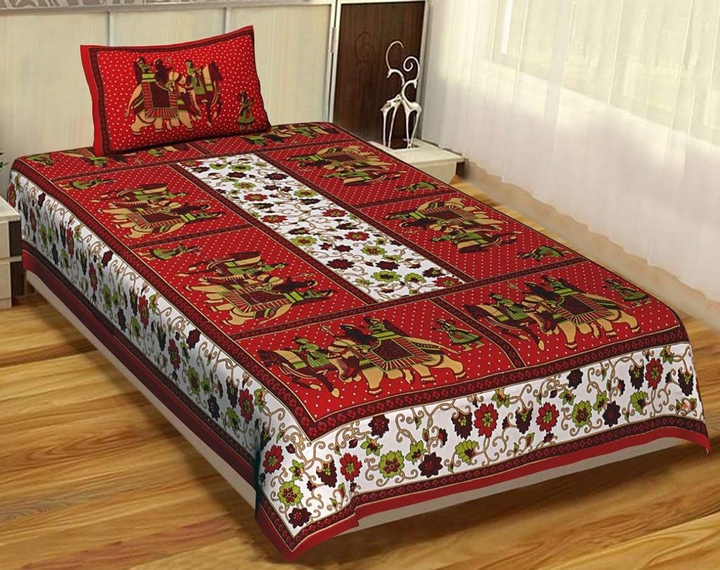Sanganeri Mart Jaipuri Prints Cotton Bed sheet For Single Bed / Diwan Bed Sheet With One Pillow Cover Size 60 x 90 Inch
