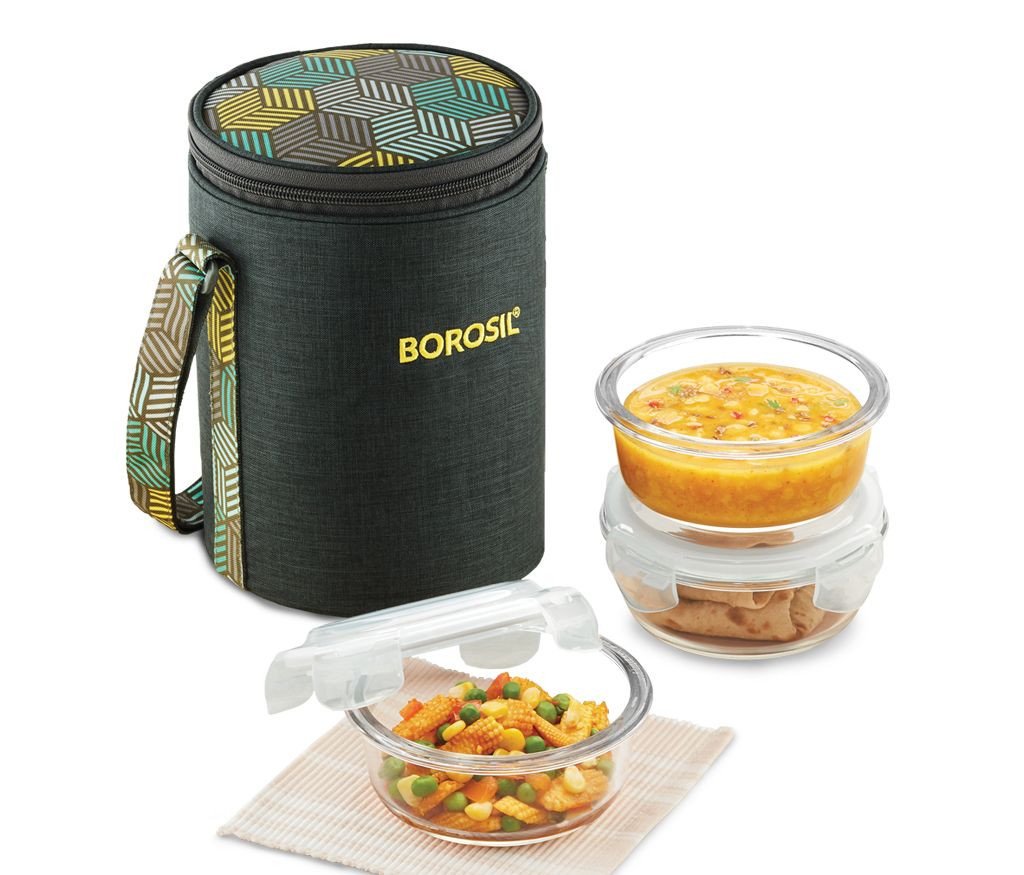 BOROSIL 3 Round Microwavable Glass Lunch Box (Foodluck Olive)