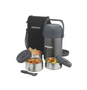Borosil - Hot-N-Fresh Stainless Steel Vacuum Insulated Lunch Box, Set of 4 (2pcs 350 ml + 2pcs 420 ml), Grey