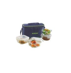 Borosil Glass Universal Microwave Safe Office Lunch Box (2pcs 320 ml sq. + 2pcs 240 ml Round) Set of 4