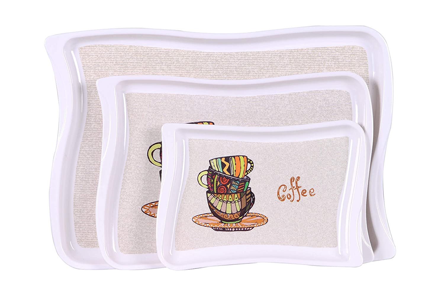 Serving Tray 3 Pcs Set, Melamine and Rectangular Shape with Printed Design (Beige)