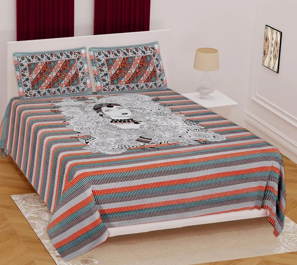 Sanganeri Mart Jaipuri Prints Cotton Bed sheet For Double Bed With Two Pillow Cover Size 85 x 95 Inch