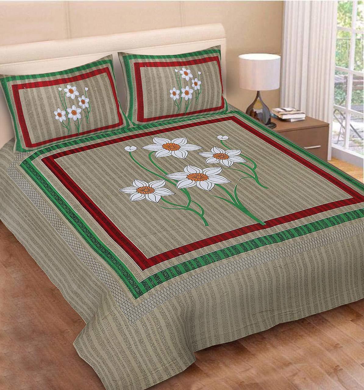 Sanganeri Mart Jaipuri Prints Cotton Bed sheet For Double Bed With Two Pillow Cover Size 85 x 95 Inch