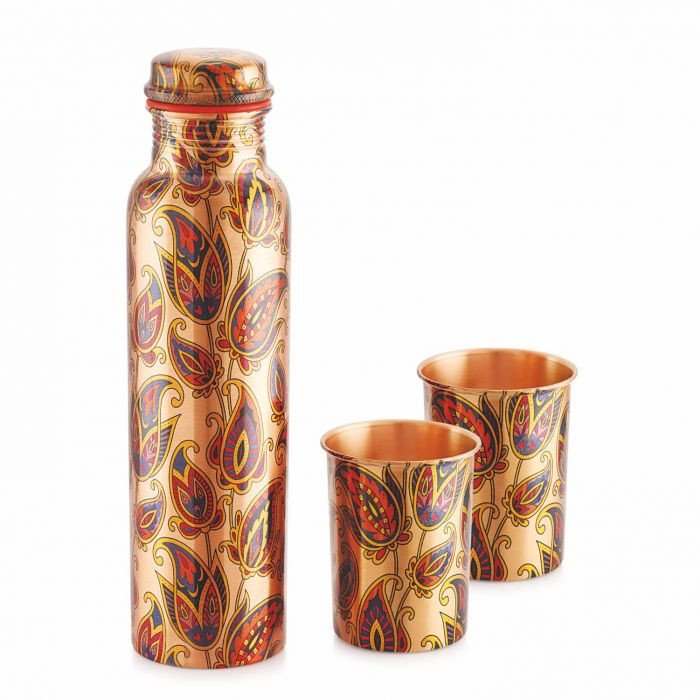 Cello Cop-Pura Diva Flower Gift Set 1000 ml + 2 Glass (310 ml) 3 Pcs, Copper Water Bottle Gift Set