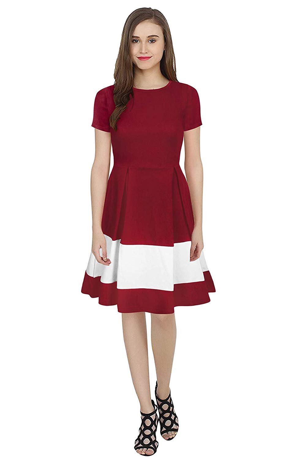 Women Skater White, Maroon Dress