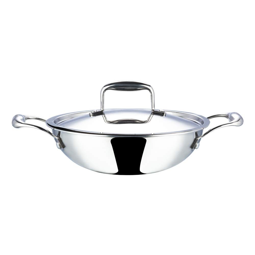 Vinod Platinum Triply Stainless Steel Kadai with Lid- 32 cm, 5.2 litres (Induction Friendly)