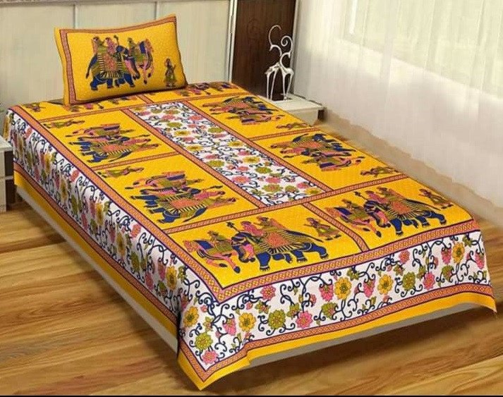 Sanganeri Mart Jaipuri Prints Cotton Bed sheet For Single Bed / Diwan Bed Sheet With One Pillow Cover Size 60 x 90 Inch