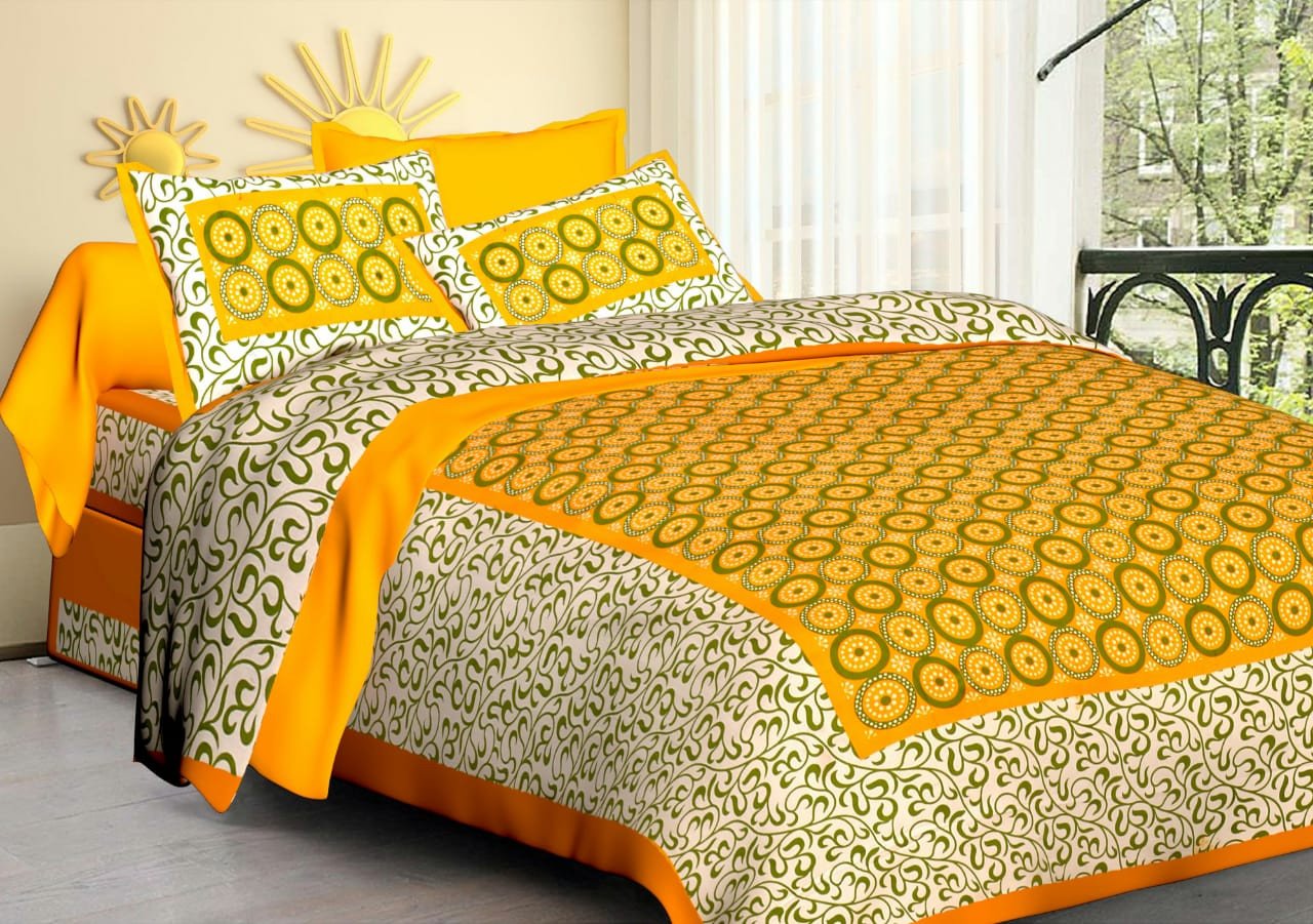 Sanganeri Mart Jaipuri Prints Cotton Bed sheet For Double Bed With Two Pillow Cover Size 85 x 95 Inch