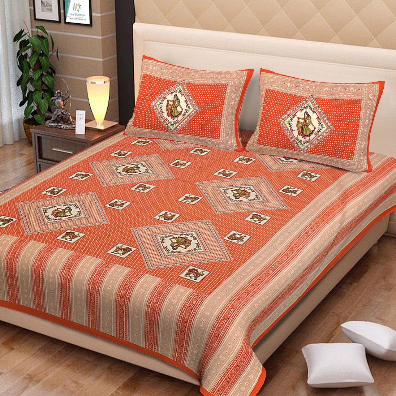 Sanganeri Mart Jaipuri Prints Cotton Bed sheet For Double Bed With Two Pillow Cover Size 85 x 95 Inch