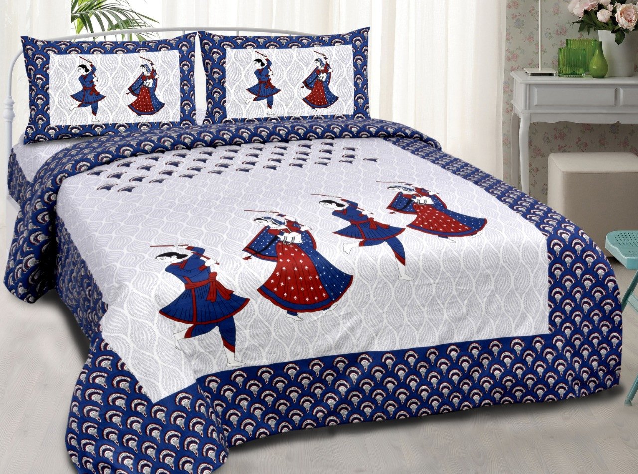 Sanganeri Mart Jaipuri Prints Cotton Bed sheet For Double Bed With Two Pillow Cover Size 85 x 95 Inch