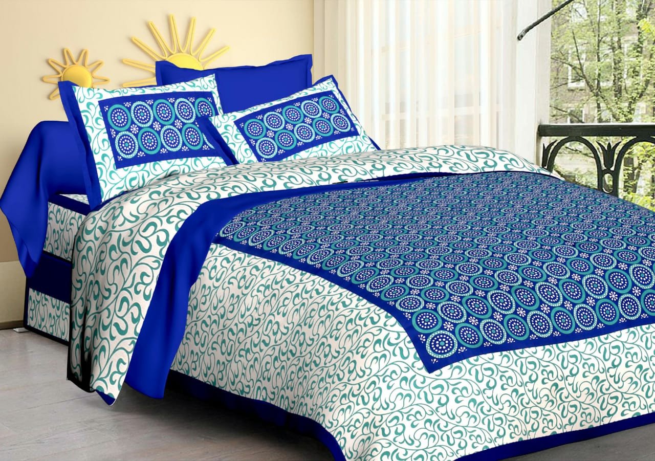 Sanganeri Mart Jaipuri Prints Cotton Bed sheet For Double Bed With Two Pillow Cover Size 85 x 95 Inch