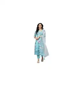 C&S Lifestyle Women's Cotton Blend Printed Straight Kurta with Pant & Dupatta (Blue)