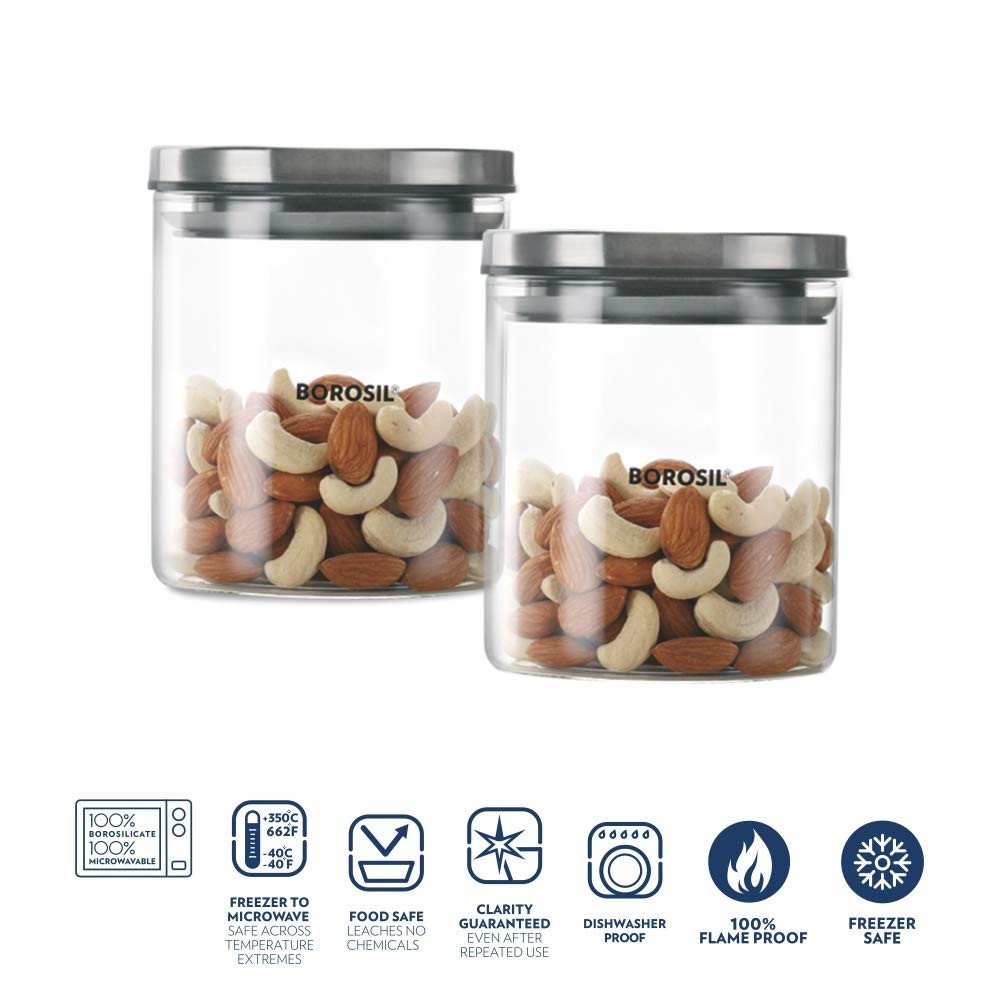 Borosil Classic Glass Jar, Air-Tight Storage Container For Kitchen,Set of 2 (600 ml each), Clear