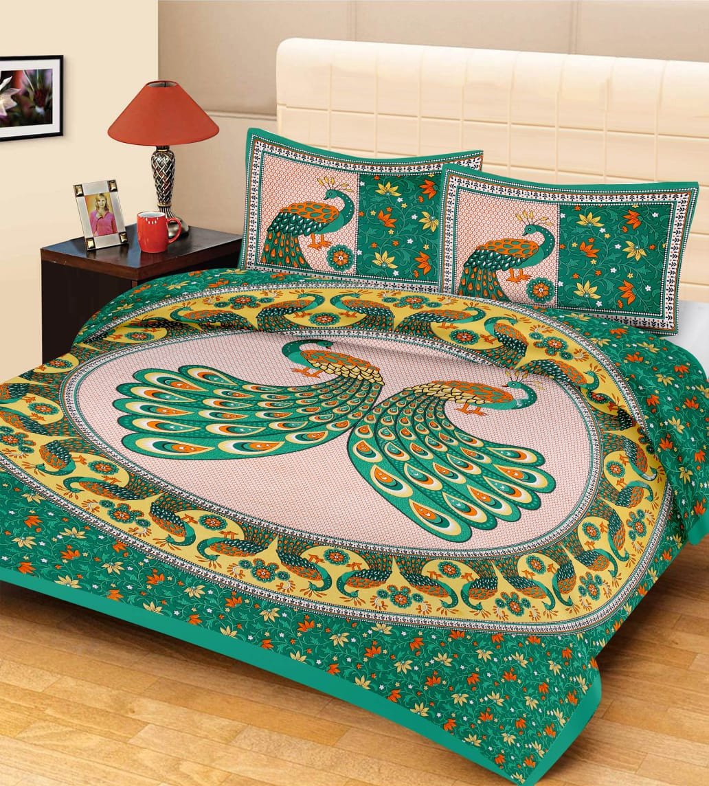 Sanganeri Mart Jaipuri Prints Cotton Bed sheet For Double Bed With Two Pillow Cover Size 85 x 95 Inch