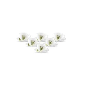 La Opala Diva Opal Glass Cup & Saucer Set Iris Regular 12 pcs - Fluted Green and White Design for Stylish Tea and Coffee Time