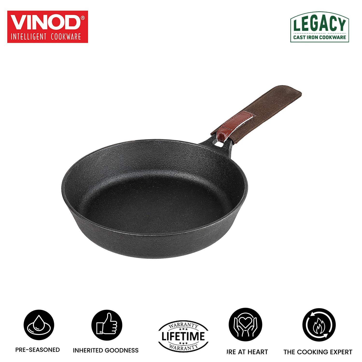 Vinod Legacy Pre-Seasoned Cast Iron Fry pan , 24 cm, Induction Friendly,Black, 1 Piece