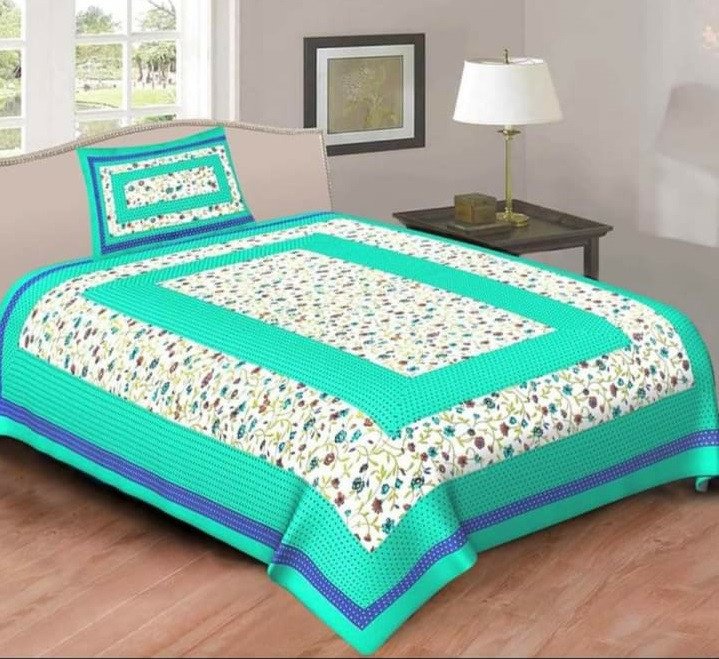Sanganeri Mart Jaipuri Prints Cotton Bed sheet For Single Bed / Diwan Bed Sheet With One Pillow Cover Size 60 x 90 Inch
