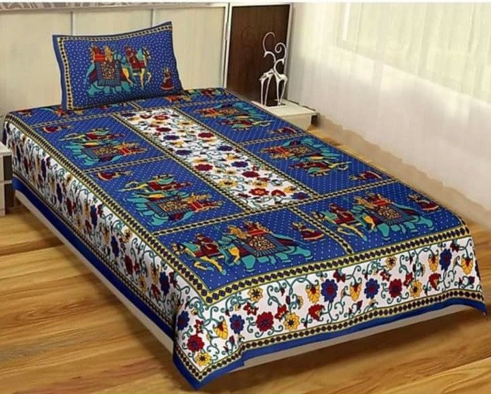 Sanganeri Mart Jaipuri Prints Cotton Bed sheet For Single Bed / Diwan Bed Sheet With One Pillow Cover Size 60 x 90 Inch