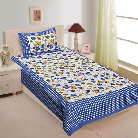 Sanganeri Mart Jaipuri Prints Cotton Bed sheet For Single Bed / Diwan Bed Sheet With One Pillow Cover Size 60 x 90 Inch