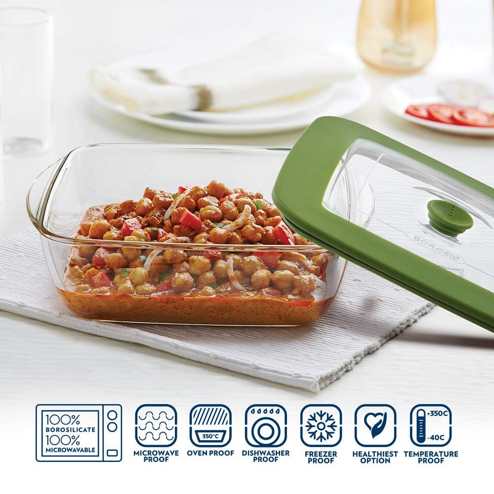 BOROSIL Square Dish with Green Lid 2.2 LITER
