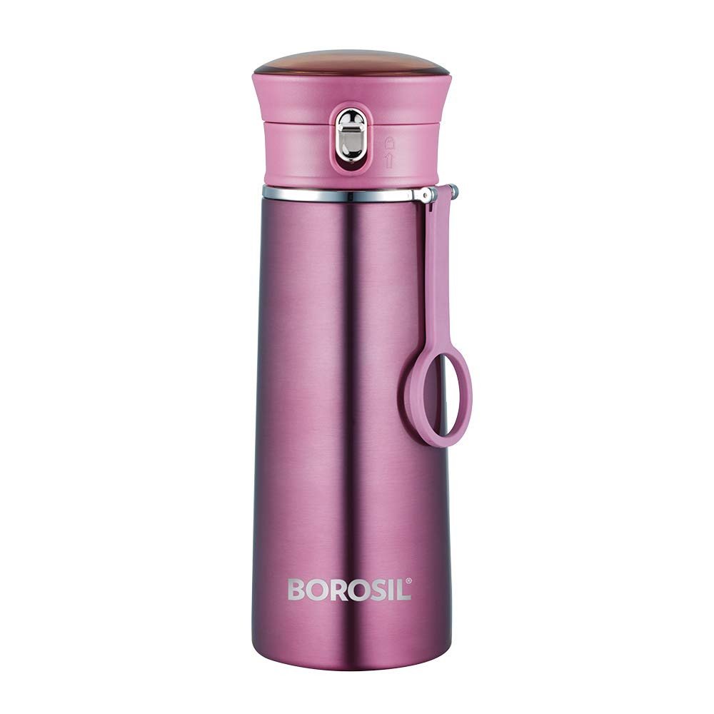 Borosil Stainless Steel Hydra Travelease - Vacuum Insulated Flask Water Bottle, 420 ML, Purple