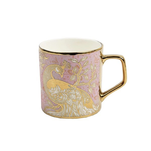 Set of 6 Pink Peacock Pattern Fine Bone China Golden Tea Mugs - 180ml Ceramic Tea Cups and Coffee Mugs with Elegant Design